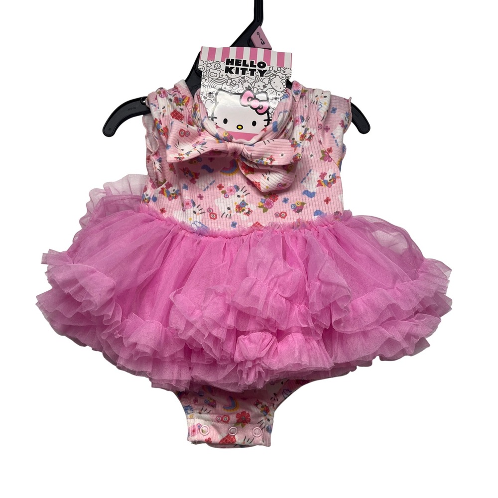 Hello Kitty Baby Girls Pink Tutu Bodysuit Dress Ribbed Floral Rainbow 0-3M NEW